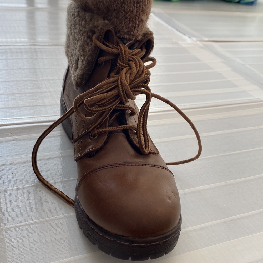 Brown leather lace up boots with knitted cuff detail by Coolway - Picture 9 of 16